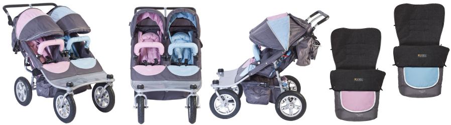 pink and blue double pram