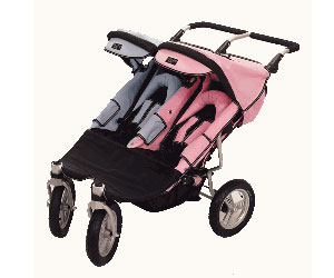 pink and blue double stroller